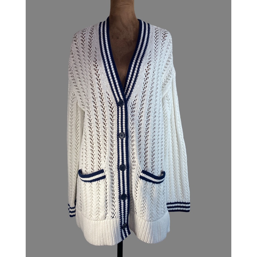 Lou & Grey Womens M White Pointelle Knit Varsity Cardigan Navy Striped V-Neck - Picture 4 of 8